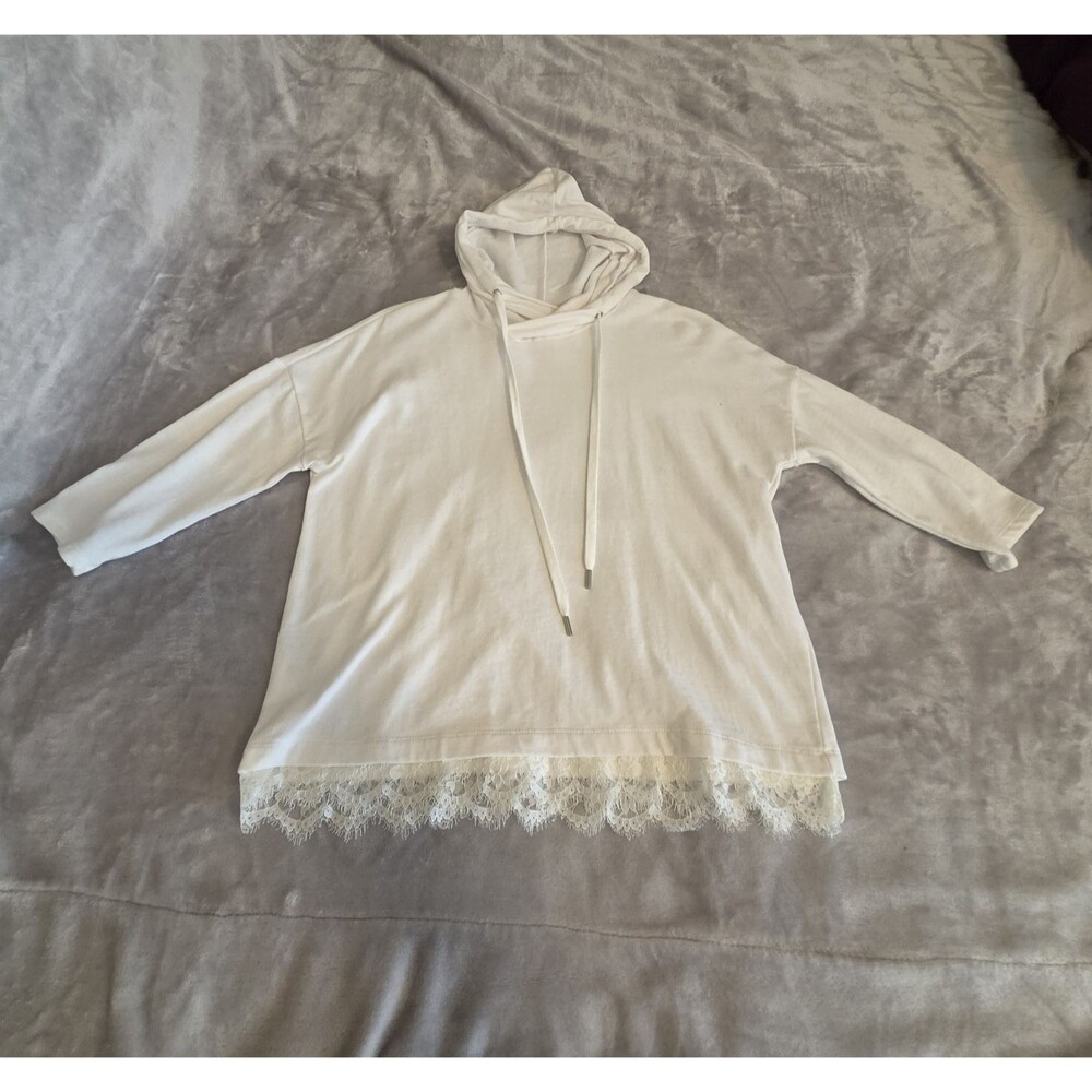 White Lace Trim 3/4 Sleeve Hoodie Women's Size MEDIUM